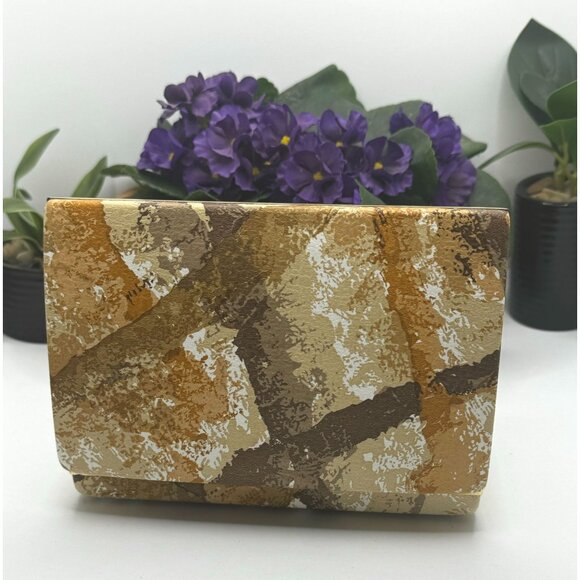 Vintage Gold & Brown Velvet Lined Hinged Jewelry Case With Floral Interior Desig - Picture 2 of 6